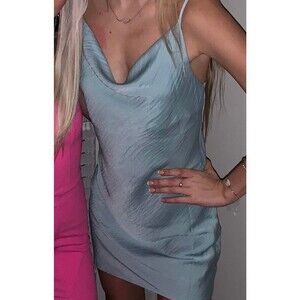 Turquoise blue satin cowl neck mini dress